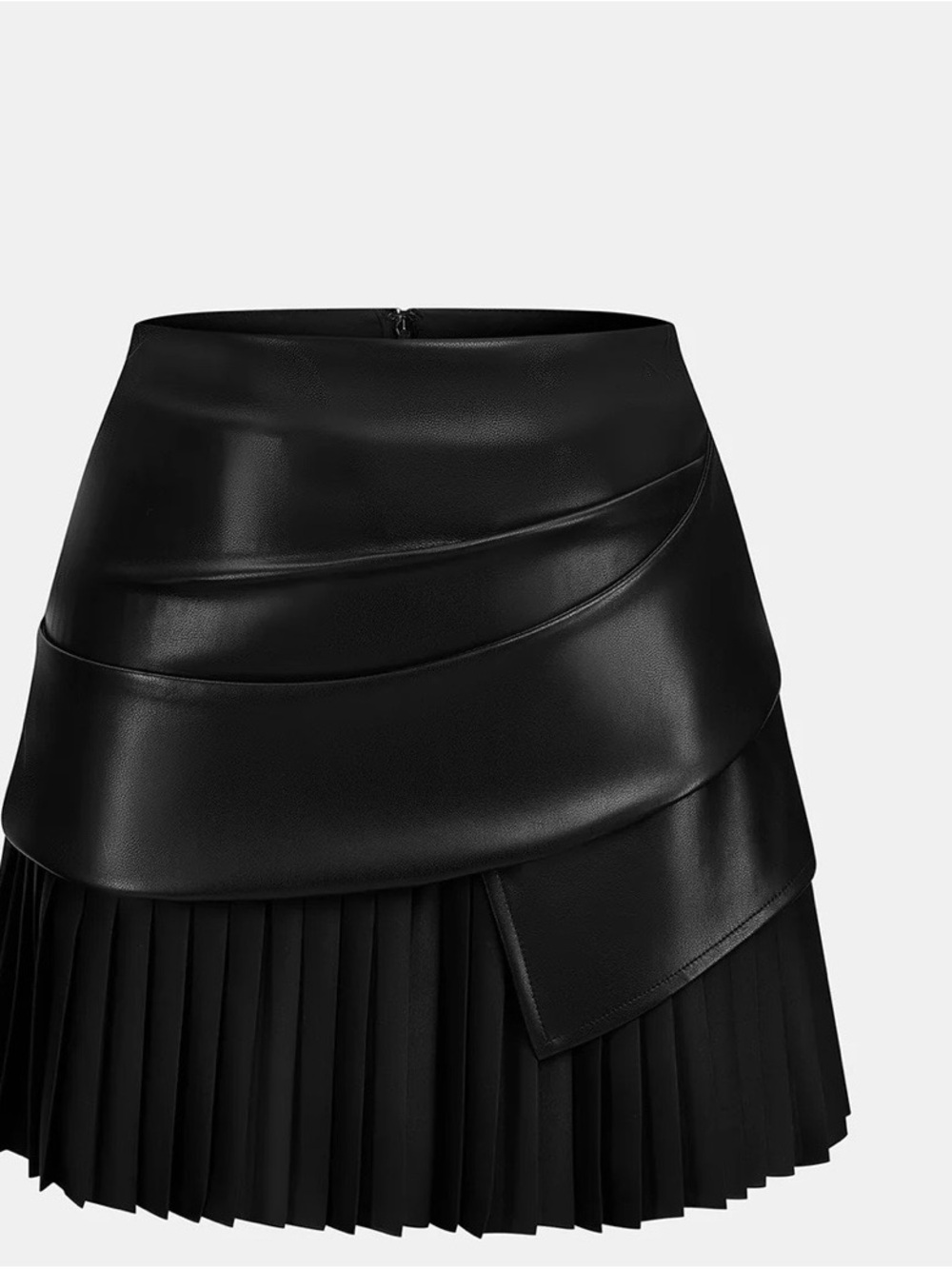 Commense Black Faux Leather Layered Pleated Mini Skirt